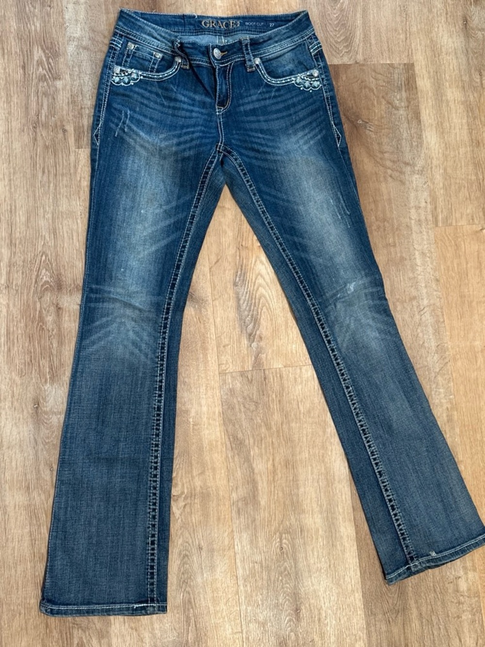 Grace Women's Dark Blue Bootcut Jeans with Embellished Pockets